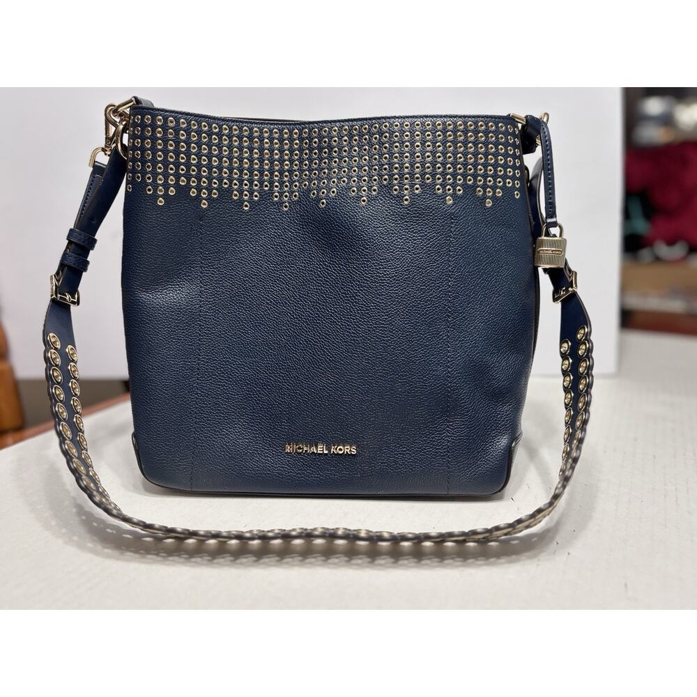 Michael Kors Reed Medium Studded‎ Pebbled Leather Bucket Bag Navy Gold Grommets